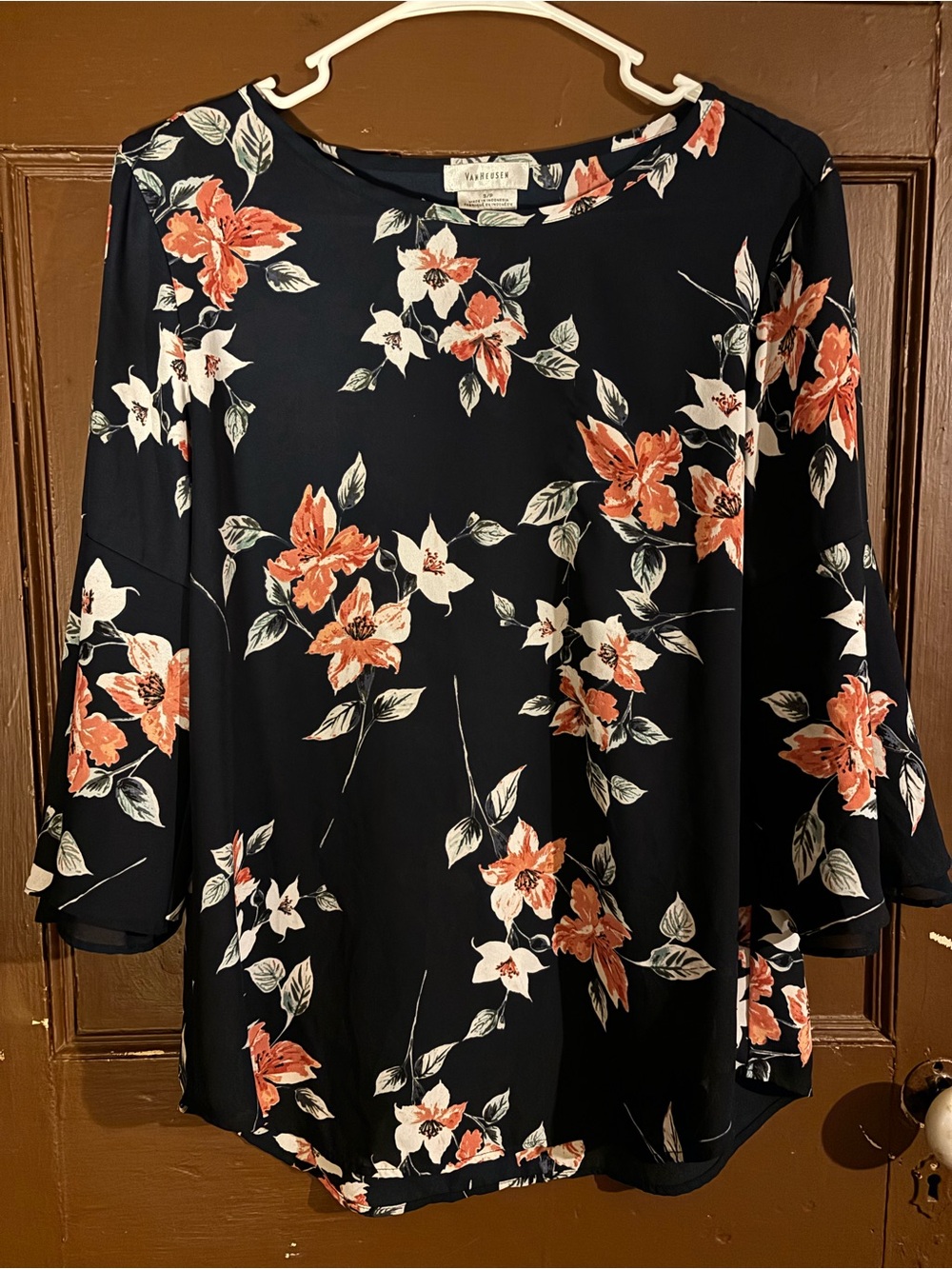 Van Heusen Navy Floral Boatneck Tunic with Coral Blooms